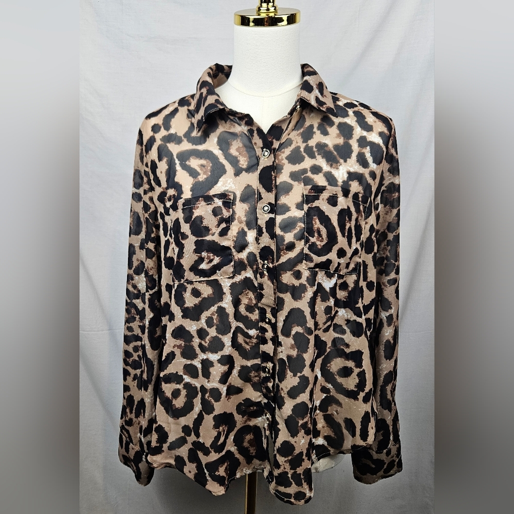 Leopard Print Sheer Button Up‎ Blouse Med Asymmetrical Hem Long Sleeve Feminine